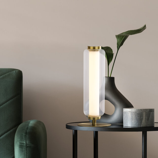 Ayal LED Table Lamp, Satin Brass Metal, Opal Acrylic & Clear