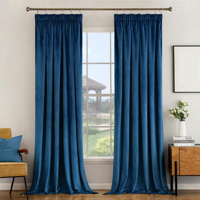 2 Panels Pencil Pleat Velvet Blue Curtains 229 x 229 cm for Living Room Luxury Soft Drapes for Bedroom