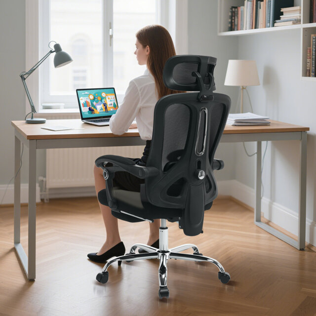 Ergonomic High-Back Mesh Office Chair with Retractable Footrest, Adjustable Headrest & Lumbar Support, Reclining Swivel Rolling Desk Chair, 300 lb - W
