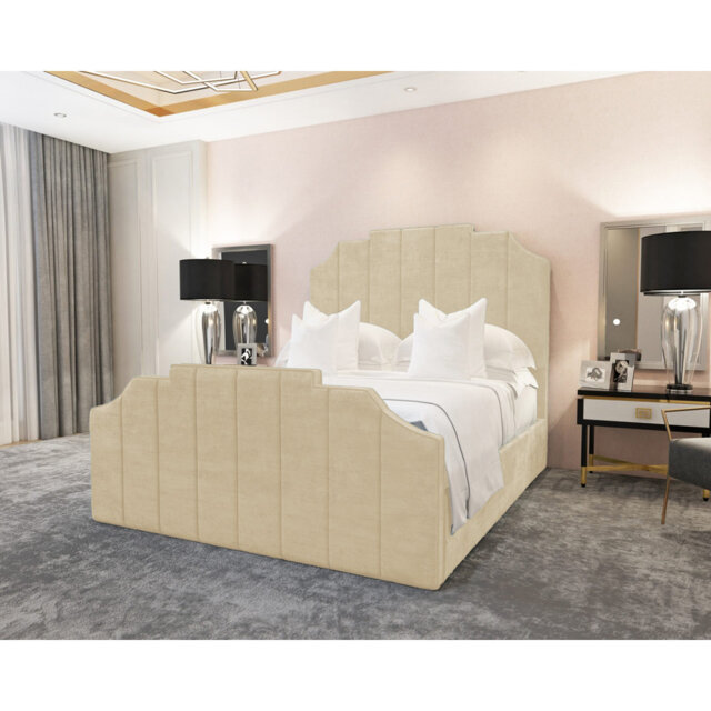 Annalei Regal Velvet Upholstered Bed Frame - Shaped Headboard, Chrome Feet