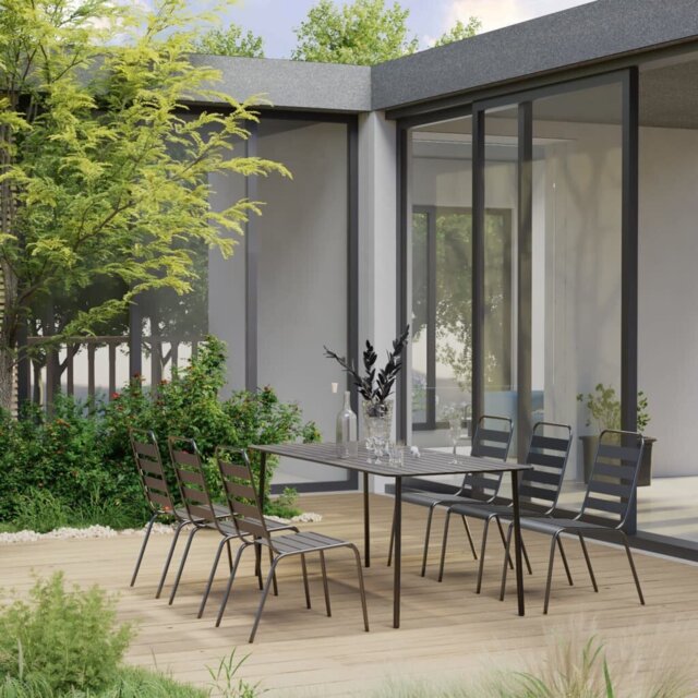 Ebern Designs 7 Piece Garden Dining Set in Dark Gray Steel