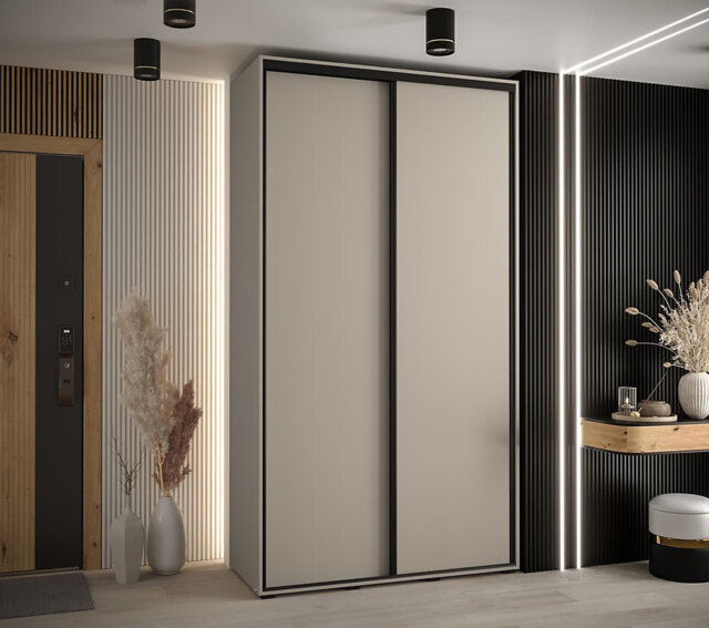 Berthia I Sleek Cashmere & Black Sliding Door Wardrobe 1400mm