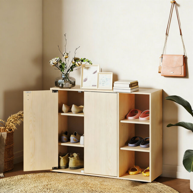 Wooden 3-Tier Shoe Storage Cabinet, Freestanding Shoe Cupboard With Double Doors & Open Adjustable Shelves, Shoes Organizer For Hallway Entryway