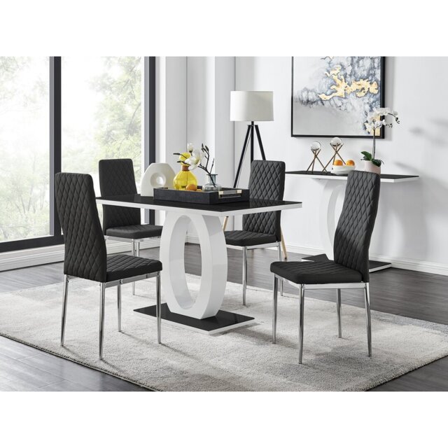 Scottsmoor High Gloss Halo Dining Table Set & 4 Luxury Faux Leather Dining Chairs - Modern Design