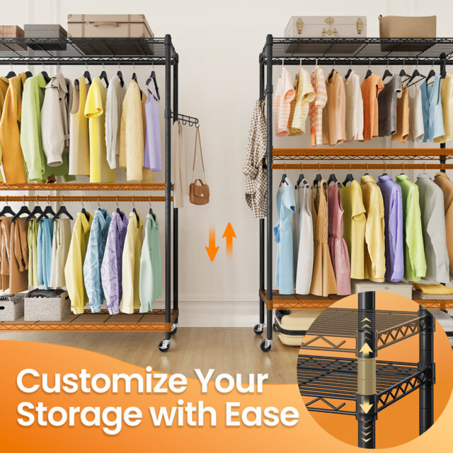 Rolling Portable Wardrobe, Heavy-Duty Metal Clothes Rack On Wheels, With Adjustable Shelves And Hanging Rails, Hooks, 40 X 110 X 199 Cm, Ink Black