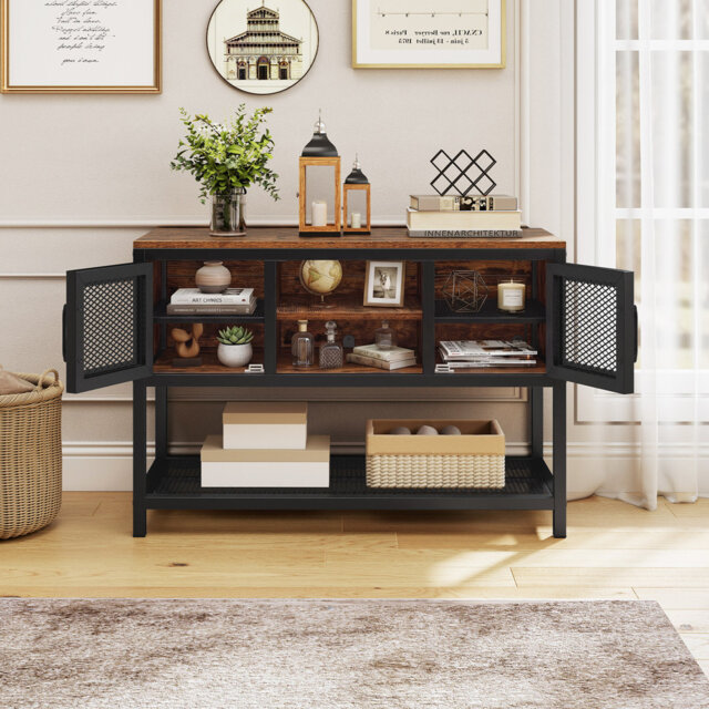 Industrial Entryway Table Sideboard Buffet Cabinet With 2 Metal Mesh Doors