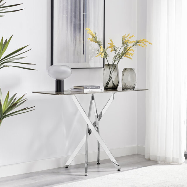 Atal Marble Effect Console Table - Glass Topped Metal Leg Narrow Hallway Console Table