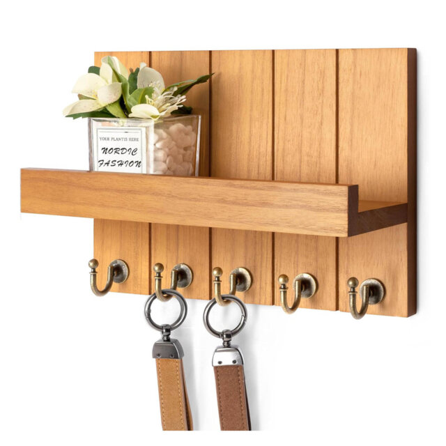 Wood Wall Organizer with Key Hooks