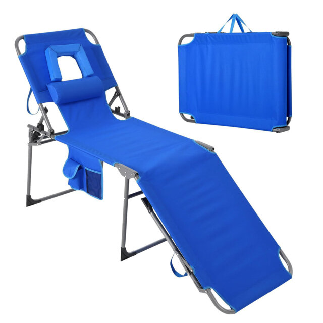 Comfortable Folding Patio Tanning Chair with Face Hole – 5-Position Adjustable Backrest, Pillow, Side Pocket, Portable Outdoor Chaise Lounge for Garde