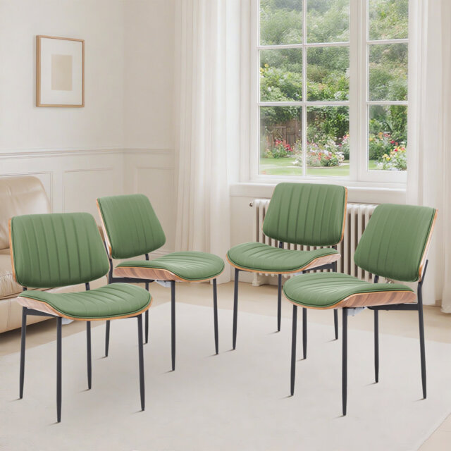 Windsor Faux Leather Dining Chair with Walnut Bentwood Back & Seat Base – Breathable Chair with Metal Legs