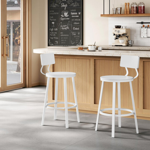 Bar Stools Set Of 2, Bar Chairs, Breakfast Stools, Kitchen Island Stools, Counter Stools With Footrest And Backrest, Metal Frame + Mdf Seat And Back,