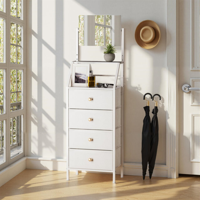 Chest Of Drawers With Mirror And 4 Fabric Drawers, Wood Top, 2-In-1 Tall Chest Of Drawers For Clothes, Dresser For Bedroom, Hallway, Livingroom