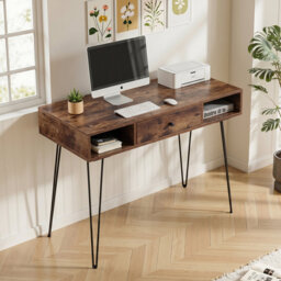 Modern Home Office Table with Drawers, Computer Desk with Open Storage Cubby, Writing Study Desk with Metal Legs for Home Office