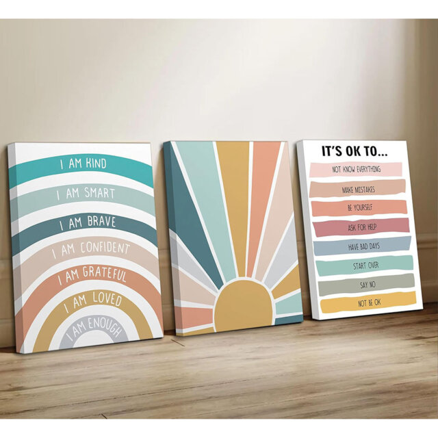 3 Pcs Nursery Boho Affirmations Canvas Wall Art Kids Lnspirational I Am Kind Smart Brave Rainbow Painting Picture Wall Decor Mental Health Posters Pri