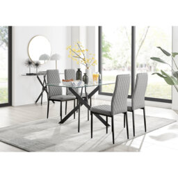 Lenworth Black Metal and Glass Rectangular Dining Table Set with 4 Quilted Faux Leather Chairs