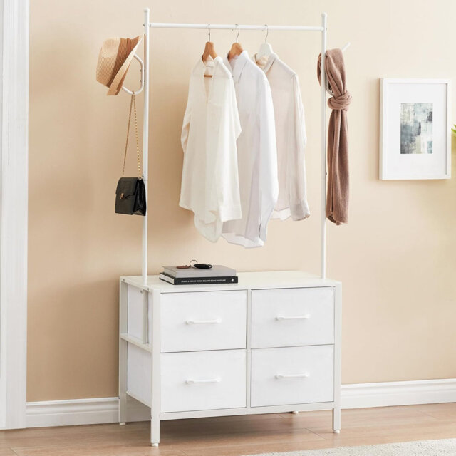 Clothes Rack with 4 Drawers, Storage Organizer with Metal Frame and Wooden Top, Industrial Garment Rack with Hanging Rod & 2 Side Hooks, Adjustable Wa