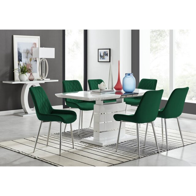 Renne Modern High Gloss Extendable Dining Table Set With 6 Luxury Velvet Dining Chairs