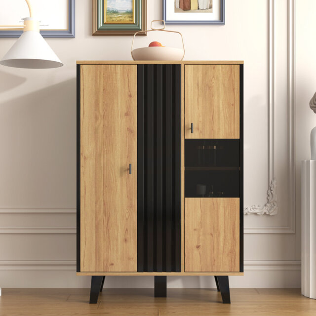 Display Cabinet With Led Lighting - 80X120Cm Wood & Black Sideboard, Glass Doors