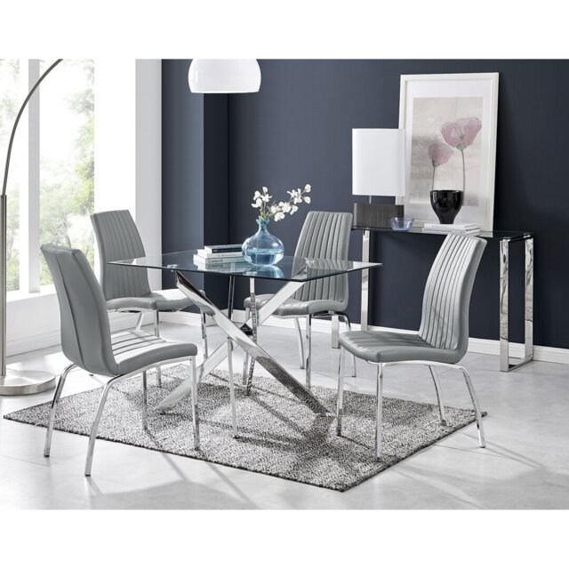 Lenworth Chrome and Glass Rectangular Dining Table Set with 4 Soft Touch Faux Leather Chairs