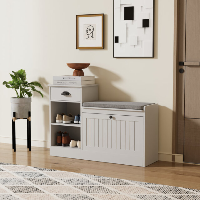 Shoe Storage Bench, Modern Wooden Shoe Cabinet With Flip Drawer And Adjustable Shelf, Entry Way Bench With Padded Seat Cushion For Entryway, Hallway,