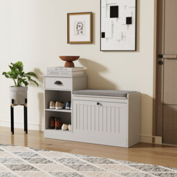 Shoe Storage Bench, Modern Wooden Shoe Cabinet With Flip Drawer And Adjustable Shelf, Entry Way Bench With Padded Seat Cushion For Entryway, Hallway,