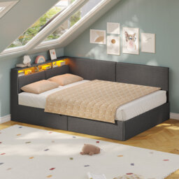 Upholstered Daybed with Charging Station & Hydraulic Storage, Corner Bed with LED Headboard