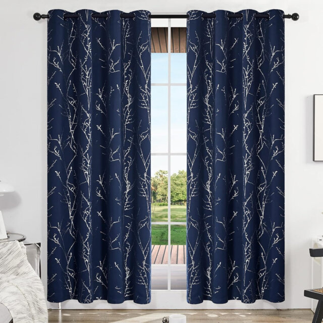 Navy Blue Blackout Curtains with Silver Tree Branch Eyelet Design 132 x 160 cm, 2 Panels