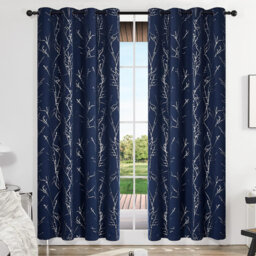 Navy Blue Blackout Curtains with Silver Tree Branch Eyelet Design 132 x 160 cm, 2 Panels