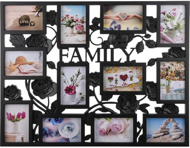 Rectangle 'Family' Text Photo Frame 12 Picture Collage Rose Floral Entwined Design Wall Mounted 6 x 4'' Apertures Plastic Home Decor Memories Display