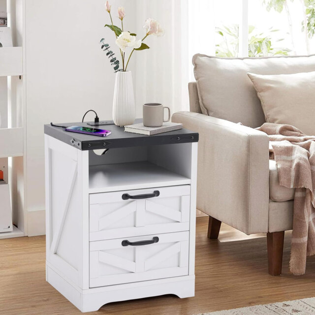 Farmhouse Nightstand with 2 Drawers & Charging Station, Industrial White Bedside Table, Engineered Wood