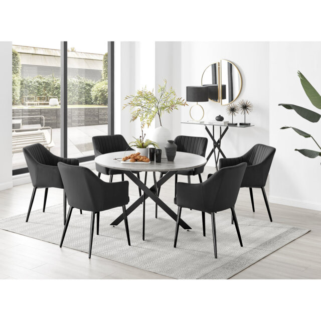 Tierra Modern Chrome Metal & Glass Round Dining Table Set with 6 Luxury Button Velvet Chairs