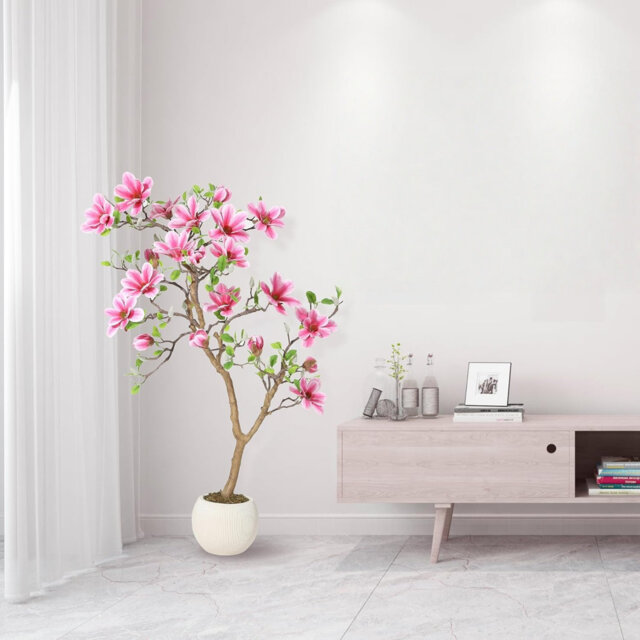 Artificial Magnolia Tree with Pink Flowers, Realistic Fake Plant for Home Décor Indoor Outdoor, Lifelike Potted Faux Tree for Living Room, Bedroom, Of