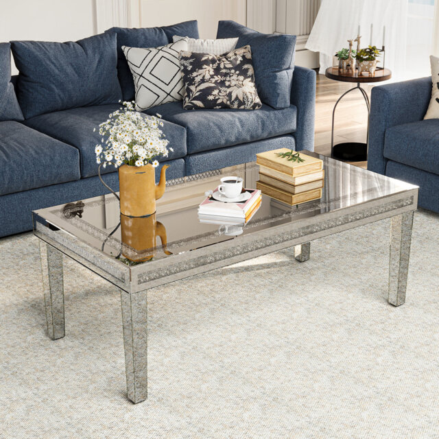 Four Leg Glass Coffee Table Diamonds Mirrored Top Center Table 120x60cm