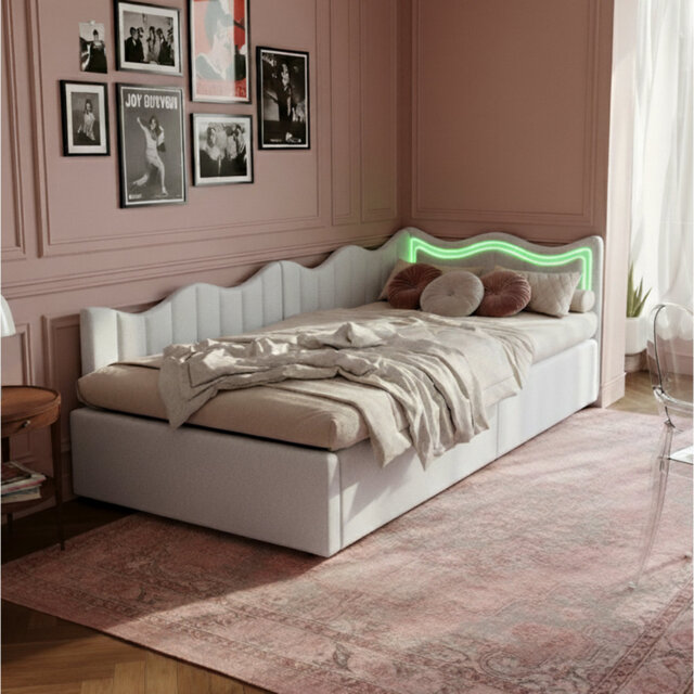European Single (90X200cm) Teddy Velvet Ottoman Daybed With Led Lights,  Upholstered Storage Bed, Beige