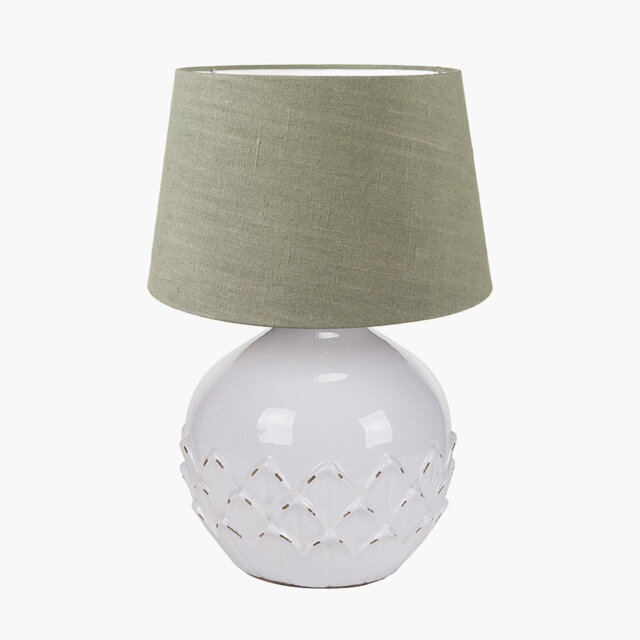Benonie White Leaf Detail Stoneware Table Lamp Base with Milos 40cm Pistachio Green Linen Tapered Lampshade