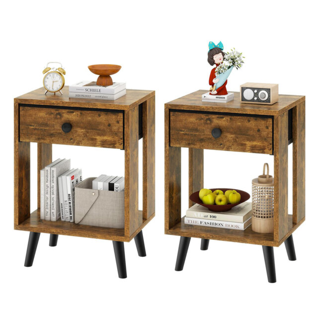 Set Of 2 Side Tables, Bedside Table, Sofa End Table, With Fabric Drawers And Open Shelf Unit, Solid Wood Legs, Nightstand, For Bedroom, Living Room