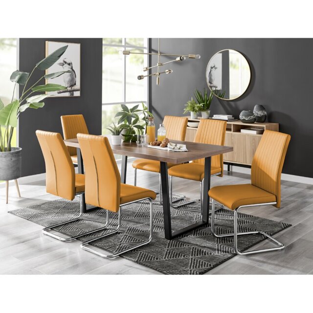 Kylooe Modern Brown Wood And Black Metal Dining Table Set With 6 Upholstered Faux Leather Chairs