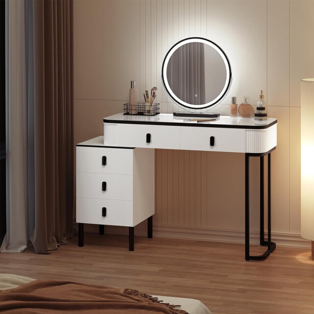 Dressing Table With Led Lights Mirror, 3-Colour Dimmable, Vanity Desk With 5 Drawers, Makeup Desk With Side Cabinet And High-Gloss Tabletop, Flexible