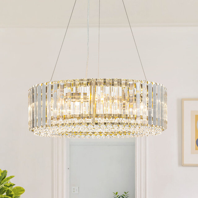 6- Light Modern Mid-Century Luxury Round Crystal Chandelier Chrome Drum Crystal Pendant Living Room