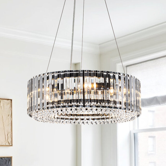 6- Light Modern Mid-Century Luxury Round Crystal Chandelier Chrome Drum Crystal Pendant Living Room