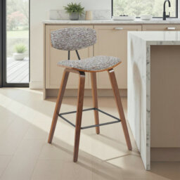 Fox Modern Swivel Counter Height Bar Stool With White Upholstered Seat And Patterned Oak Wood Frame
