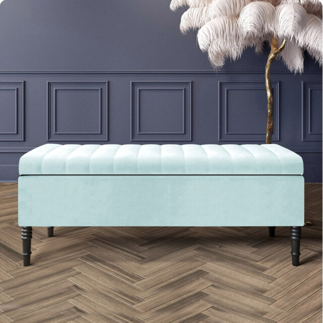 Paris Striped Ottoman Storage Bench - Upholstered Plush Velvet Shoes Bench with Black Turned Wooden Legs