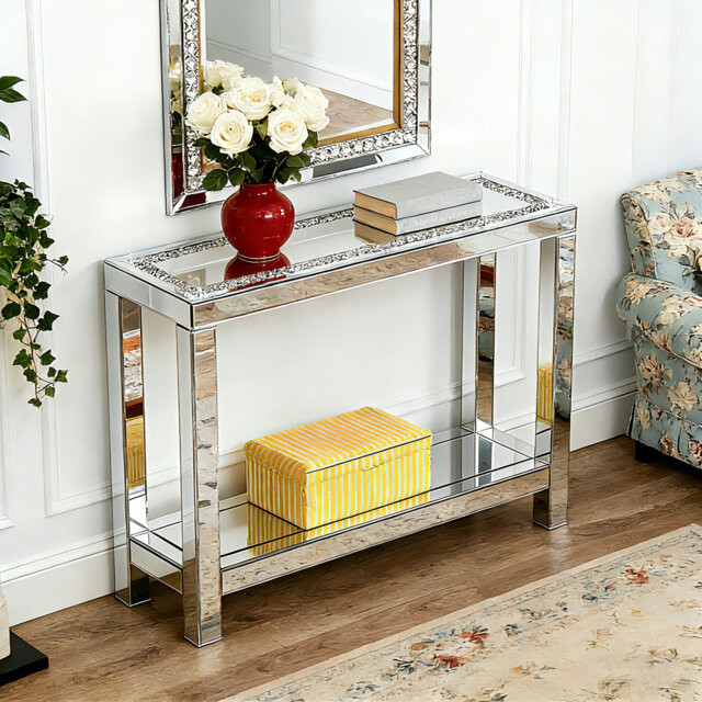 Ghita 120cm Mirrored Glass Console Table with Double Layer Shelf