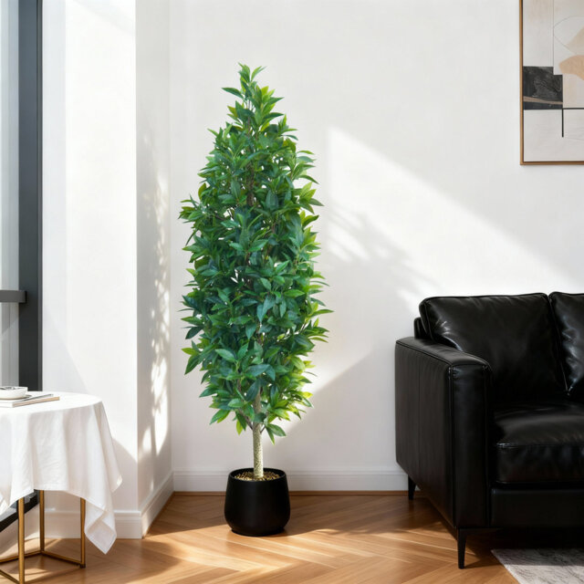 5ft Artificial Laurel Topiary Trees, Real Wood Trunk Faux Potted Plants for Indoor & Outdoor Décor