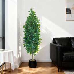 5ft Artificial Laurel Topiary Trees, Real Wood Trunk Faux Potted Plants for Indoor & Outdoor Décor