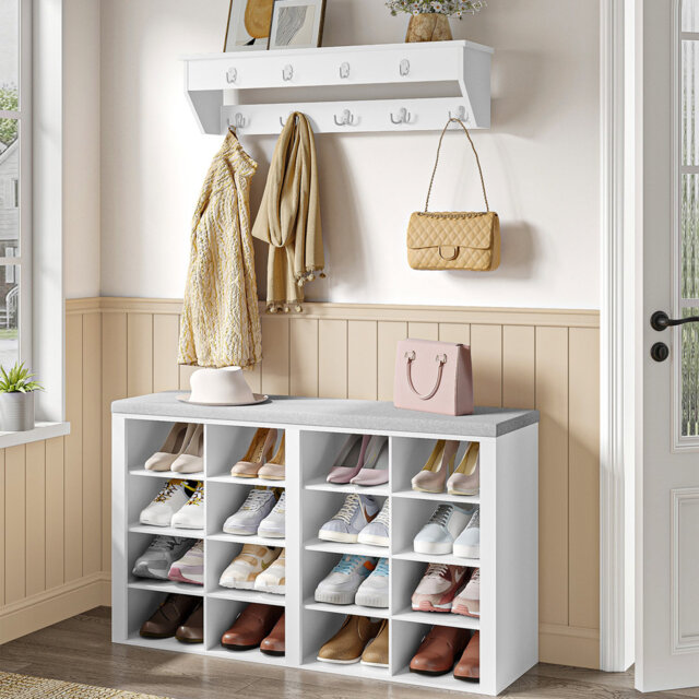 Shoe Storage with Seat and Coat Hooks, Shoe Bench with 16 Open Compartments and Wall Rack, Coat Rack with 9 Hooks, Adjustable Shelves for Hallway, Liv