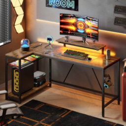 Baford L-Shaped Computer Desk with Power Outlet, Gaming Table with Monitor Stand and Shelves