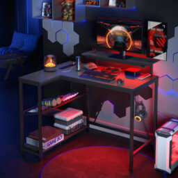 Baford L-Shaped Computer Desk with Power Outlet, Gaming Table with Monitor Stand and Shelves