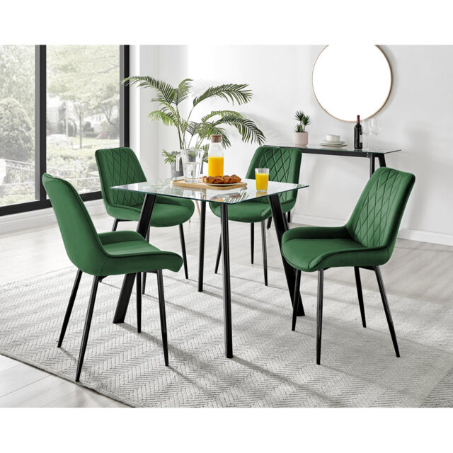 Scandinavian Style Glass and Metal Leg Square Dining Table Set - 4 Modern Velvet Dining Chairs