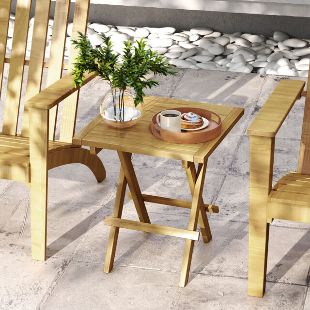 Outdoor Natural Patio Folding Side Table Teak Wood Square Coffee Table W/ X-Shaped Legs